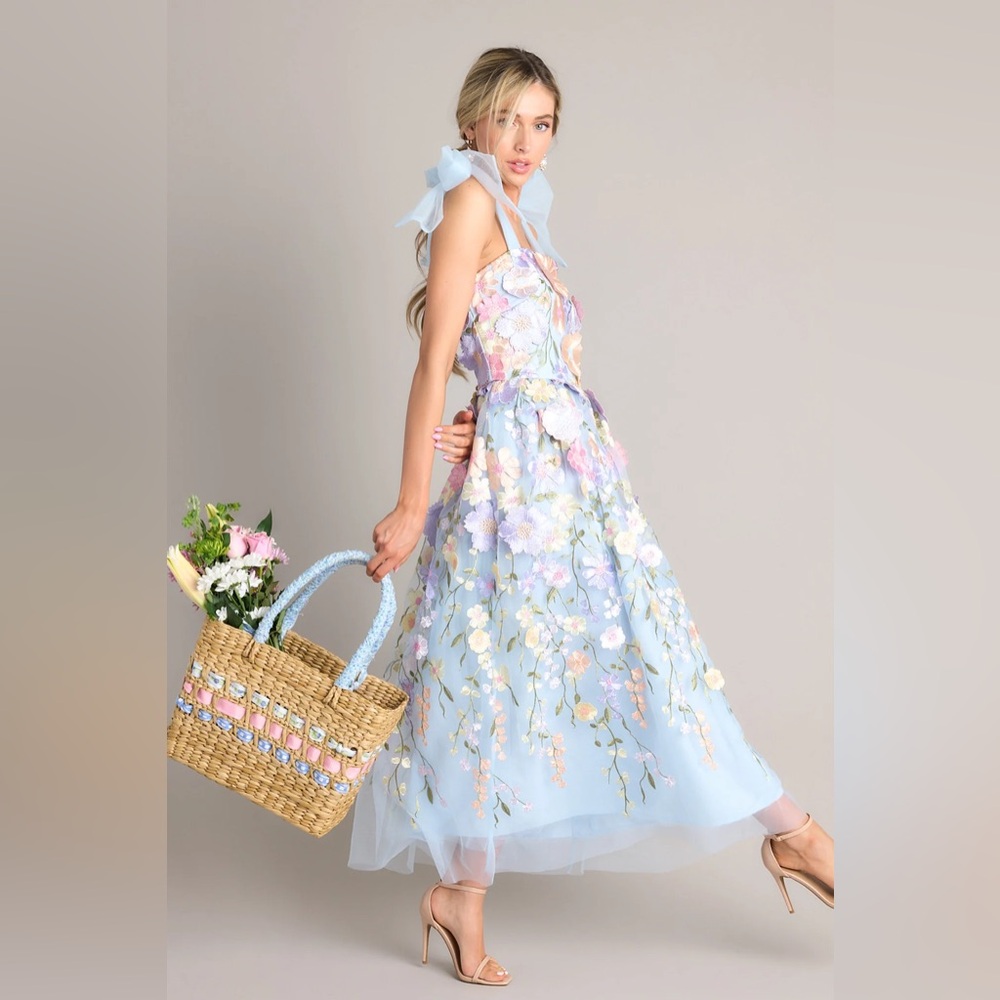 Spirit of Spring light blue floral embroidered maxi dress size small.